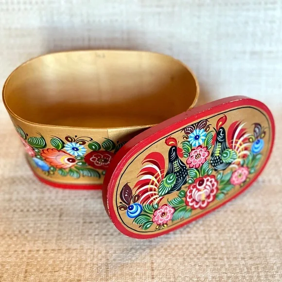 Hand Painted Bentwood Box Vintage Russian Folk Art Norway Rosemaling Floral Box - Picture 3 of 8